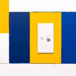 Suprematist abstract painting by Kazimir Malevich featuring an oversized electrical wall switch with a wide flat rocker plate standing beside a round French wall socket. Minimalist composition of bold navy blue and vibrant yellow geometric shapes on a stark white background. Flat textures, sharp edges, avant-garde electrical concept. No humans, no text overlay.