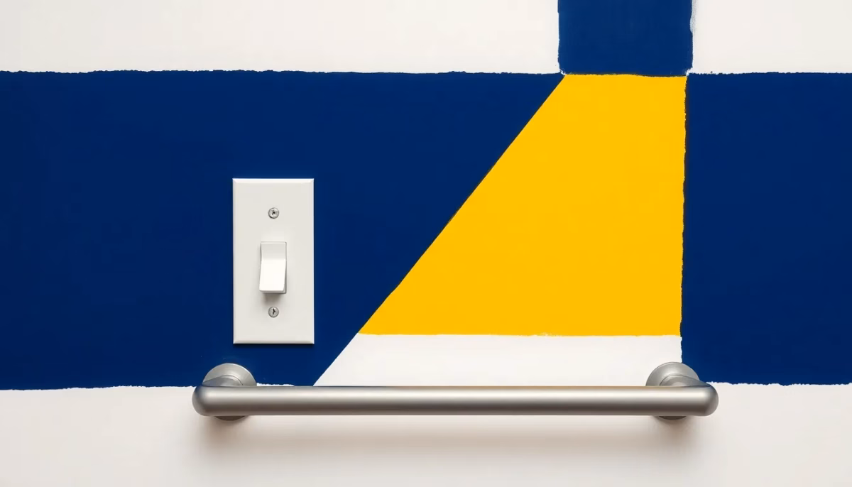 Suprematist abstract painting by Kazimir Malevich featuring a wall-mounted light switch plate and a horizontal grab bar positioned at an accessible height of about 1.10 m from the floor. Minimalist composition of bold navy blue and vibrant yellow geometric shapes on a stark white background. Flat textures, sharp edges, avant-garde electrical concept, no humans, no text.