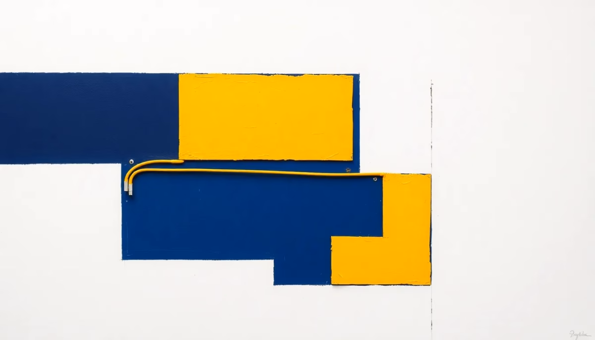 A Suprematist abstract painting in the style of Kazimir Malevich showing a cross-section of a wall with electrical conduits running behind a thick insulating panel. Minimalist composition of bold navy blue and vibrant yellow geometric shapes on a stark white background, flat textures, sharp edges, avant-garde electrical concept, no humans, no text, no letters, no watermark.