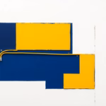 A Suprematist abstract painting in the style of Kazimir Malevich showing a cross-section of a wall with electrical conduits running behind a thick insulating panel. Minimalist composition of bold navy blue and vibrant yellow geometric shapes on a stark white background, flat textures, sharp edges, avant-garde electrical concept, no humans, no text, no letters, no watermark.