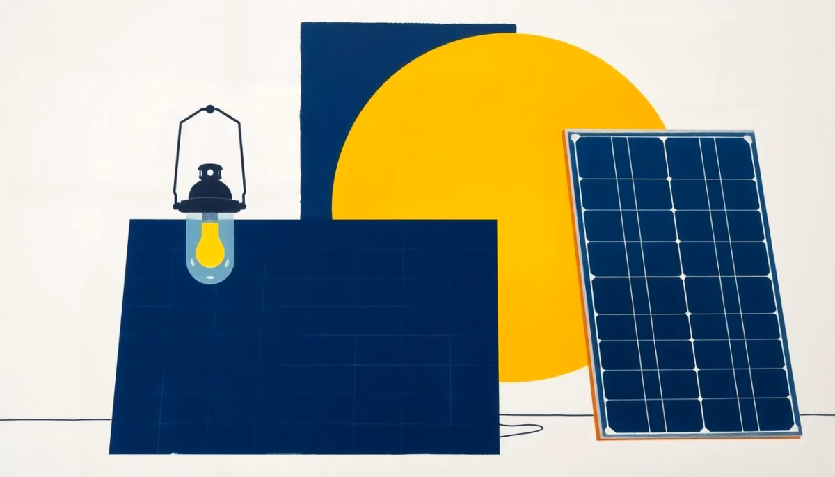 Suprematist abstract painting by Kazimir Malevich featuring a solar-powered barn lantern beside a tilted photovoltaic panel. Minimalist composition of bold navy blue and vibrant yellow geometric shapes on a stark white background. Flat textures, sharp edges, avant-garde electrical concept. No humans, no text.