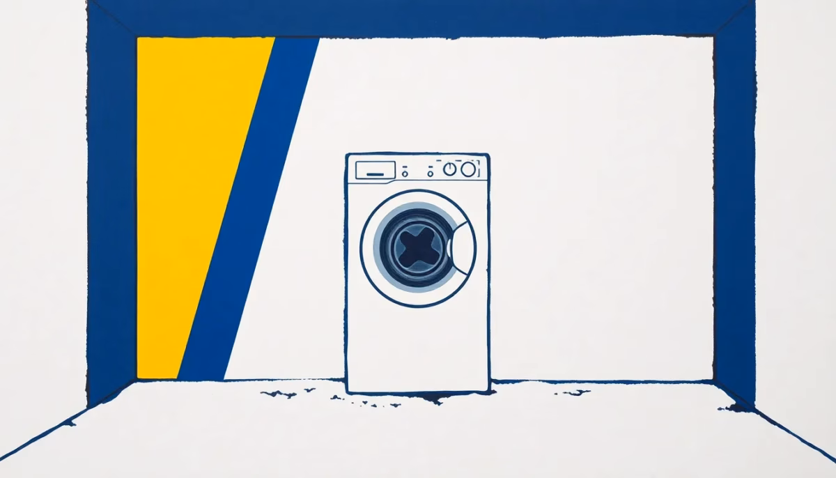 Suprematist abstract painting by Kazimir Malevich featuring a washing machine installed in a cold garage with geometric frost lines. Minimalist composition of bold navy blue and vibrant yellow geometric shapes on a stark white background. Flat textures, sharp edges, avant-garde electrical concept. No humans, no text, no logo, no watermark, no text overlay.