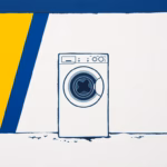 Suprematist abstract painting by Kazimir Malevich featuring a washing machine installed in a cold garage with geometric frost lines. Minimalist composition of bold navy blue and vibrant yellow geometric shapes on a stark white background. Flat textures, sharp edges, avant-garde electrical concept. No humans, no text, no logo, no watermark, no text overlay.