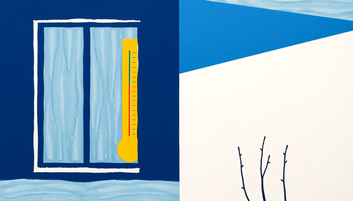 Suprematist abstract painting by Kazimir Malevich featuring a cold humid house with condensation droplets on a window and a thermometer silhouette. Minimalist composition of bold navy blue and vibrant yellow geometric shapes on a stark white background. Flat textures, sharp edges, avant-garde electrical concept. No humans, no text.