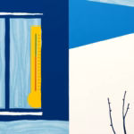 Suprematist abstract painting by Kazimir Malevich featuring a cold humid house with condensation droplets on a window and a thermometer silhouette. Minimalist composition of bold navy blue and vibrant yellow geometric shapes on a stark white background. Flat textures, sharp edges, avant-garde electrical concept. No humans, no text.