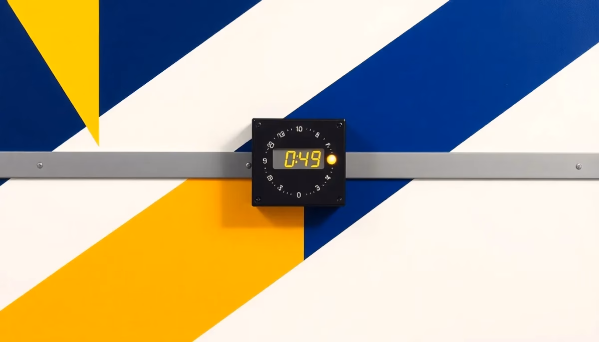 Suprematist abstract painting by Kazimir Malevich featuring a modular stairwell timer on a DIN rail with a glowing push-button. Minimalist composition of bold navy blue and vibrant yellow geometric shapes on a stark white background. Flat textures, sharp edges, avant-garde electrical concept. No humans, no text, no letters, no numbers, no logos.