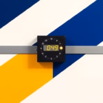 Suprematist abstract painting by Kazimir Malevich featuring a modular stairwell timer on a DIN rail with a glowing push-button. Minimalist composition of bold navy blue and vibrant yellow geometric shapes on a stark white background. Flat textures, sharp edges, avant-garde electrical concept. No humans, no text, no letters, no numbers, no logos.