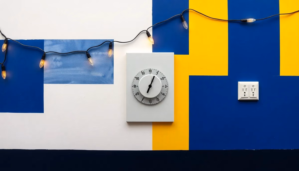 Suprematist abstract painting by Kazimir Malevich featuring Christmas light garlands, a programmable timer dial and outdoor wall sockets. Minimalist composition of bold navy blue and vibrant yellow geometric shapes on a stark white background. Flat textures, sharp edges, avant-garde electrical concept. ##no humans##, ##no text##
