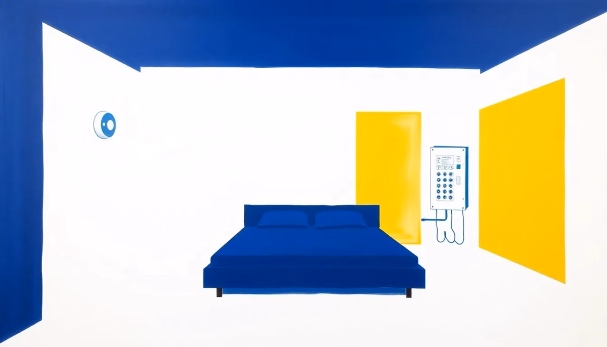 Suprematist abstract painting in the style of Kazimir Malevich depicting the guest room of a French gîte: an abstract bed, a wall-mounted smoke detector and an electrical distribution board fitted with a 30 mA residual current device. Minimalist composition of bold navy blue and vibrant yellow geometric shapes on a stark white background. Flat textures, sharp edges, avant-garde electrical concept. No humans, no text.