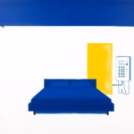 Suprematist abstract painting in the style of Kazimir Malevich depicting the guest room of a French gîte: an abstract bed, a wall-mounted smoke detector and an electrical distribution board fitted with a 30 mA residual current device. Minimalist composition of bold navy blue and vibrant yellow geometric shapes on a stark white background. Flat textures, sharp edges, avant-garde electrical concept. No humans, no text.
