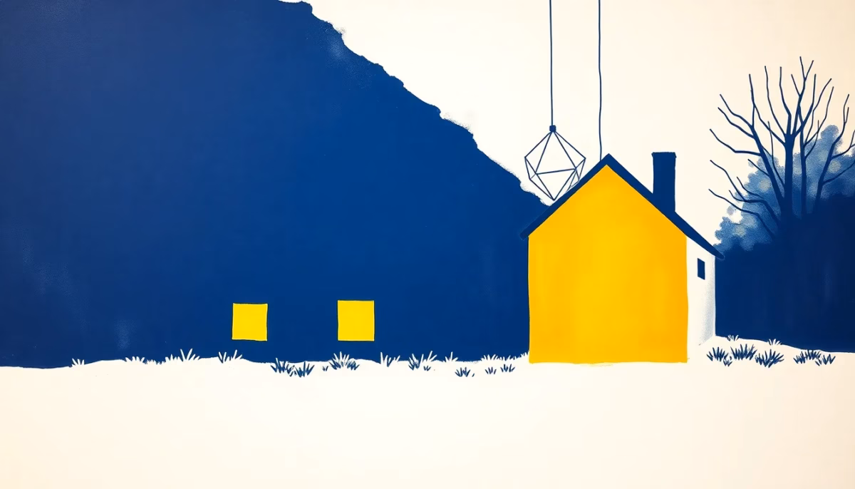 Suprematist abstract painting by Kazimir Malevich featuring a rustic countryside stone house with glowing square windows and a suspended geometric pendant lamp. Minimalist composition of bold navy blue and vibrant yellow geometric shapes on a stark white background. Flat textures, sharp edges, avant-garde electrical concept. No humans, no text.
