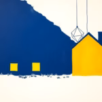 Suprematist abstract painting by Kazimir Malevich featuring a rustic countryside stone house with glowing square windows and a suspended geometric pendant lamp. Minimalist composition of bold navy blue and vibrant yellow geometric shapes on a stark white background. Flat textures, sharp edges, avant-garde electrical concept. No humans, no text.