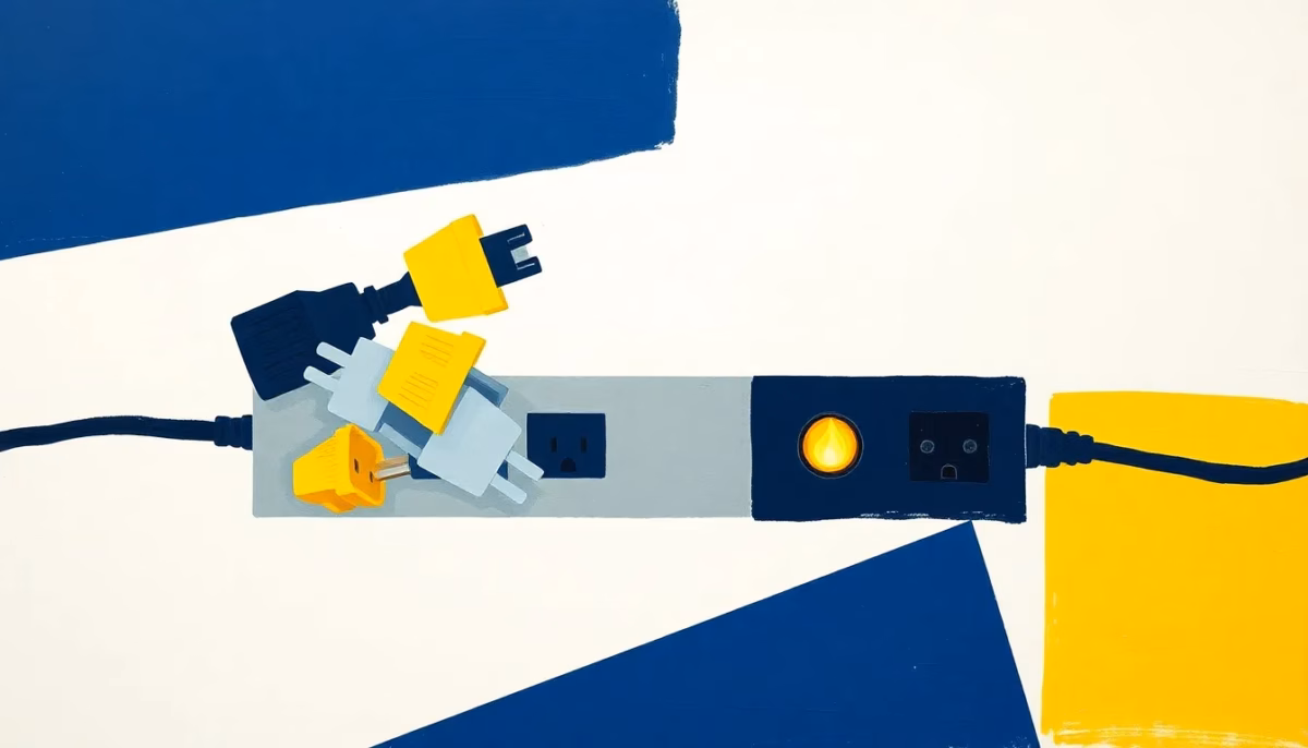 Suprematist abstract painting in the style of Kazimir Malevich depicting an overloaded electrical power strip with cascading stacked plugs and one socket glowing like a hidden ember. Minimalist composition of bold navy blue and vibrant yellow geometric shapes on a stark white background. Flat textures, sharp edges, avant-garde electrical hazard concept. No humans, no text overlay.