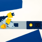 Suprematist abstract painting in the style of Kazimir Malevich depicting an overloaded electrical power strip with cascading stacked plugs and one socket glowing like a hidden ember. Minimalist composition of bold navy blue and vibrant yellow geometric shapes on a stark white background. Flat textures, sharp edges, avant-garde electrical hazard concept. No humans, no text overlay.
