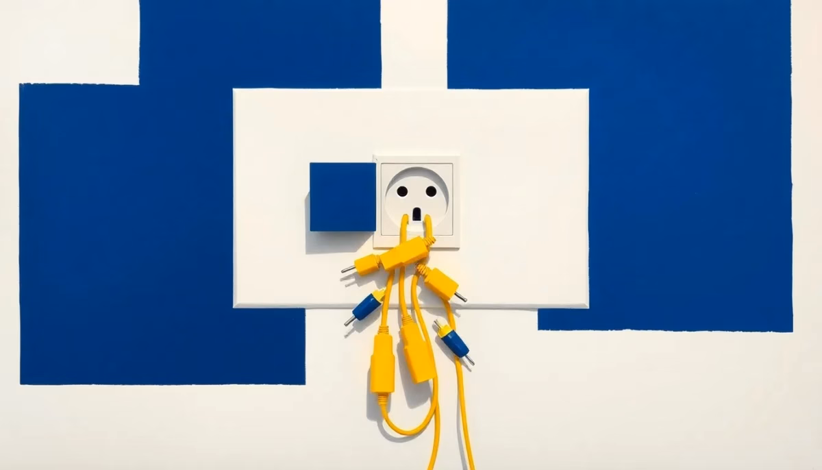 Suprematist abstract painting inspired by Kazimir Malevich, featuring a single overloaded wall socket with cascading geometric power strips and plugs fanning outward. Minimalist avant-garde composition of bold navy blue and vibrant yellow geometric shapes on a stark white background, flat textures, sharp edges, abstract electrical concept, clean negative space. No humans, no text overlay.