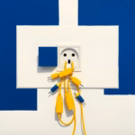 Suprematist abstract painting inspired by Kazimir Malevich, featuring a single overloaded wall socket with cascading geometric power strips and plugs fanning outward. Minimalist avant-garde composition of bold navy blue and vibrant yellow geometric shapes on a stark white background, flat textures, sharp edges, abstract electrical concept, clean negative space. No humans, no text overlay.