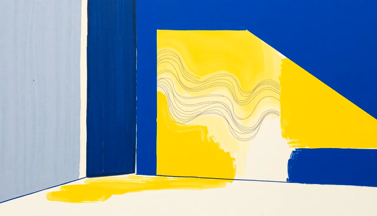 Suprematist abstract painting by Kazimir Malevich featuring a damp bedroom corner with a mechanical ventilation grille and rising moisture waves. Minimalist composition of bold navy blue and vibrant yellow geometric shapes on a stark white background. Flat textures, sharp edges, avant-garde electrical concept. No humans, no text.