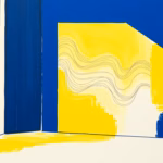 Suprematist abstract painting by Kazimir Malevich featuring a damp bedroom corner with a mechanical ventilation grille and rising moisture waves. Minimalist composition of bold navy blue and vibrant yellow geometric shapes on a stark white background. Flat textures, sharp edges, avant-garde electrical concept. No humans, no text.