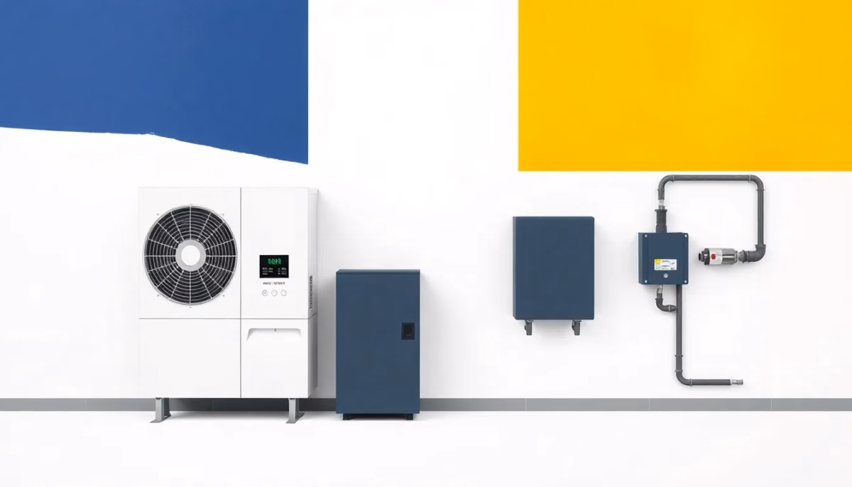 Suprematist abstract painting by Kazimir Malevich featuring a hybrid inverter unit beside a wall-mounted lithium battery and a boiler circulation pump. Minimalist composition of bold navy blue and vibrant yellow geometric shapes on a stark white background. Flat textures, sharp edges, avant-garde electrical concept. ##no humans##, ##no text##