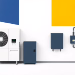 Suprematist abstract painting by Kazimir Malevich featuring a hybrid inverter unit beside a wall-mounted lithium battery and a boiler circulation pump. Minimalist composition of bold navy blue and vibrant yellow geometric shapes on a stark white background. Flat textures, sharp edges, avant-garde electrical concept. ##no humans##, ##no text##