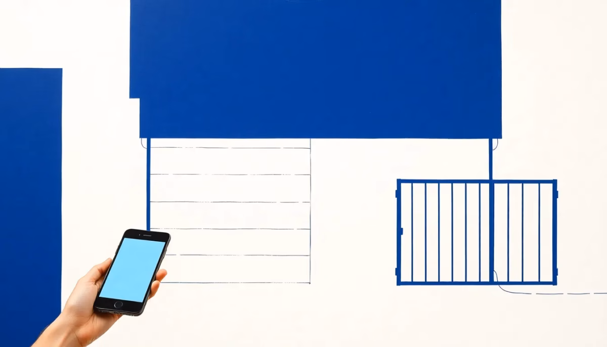 Suprematist abstract painting by Kazimir Malevich featuring a smartphone controlling a garage door and a sliding gate. Minimalist composition of bold navy blue and vibrant yellow geometric shapes on a stark white background. Flat textures, sharp edges, avant-garde electrical concept. No humans, no text, no lettering, no watermark.