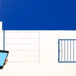 Suprematist abstract painting by Kazimir Malevich featuring a smartphone controlling a garage door and a sliding gate. Minimalist composition of bold navy blue and vibrant yellow geometric shapes on a stark white background. Flat textures, sharp edges, avant-garde electrical concept. No humans, no text, no lettering, no watermark.