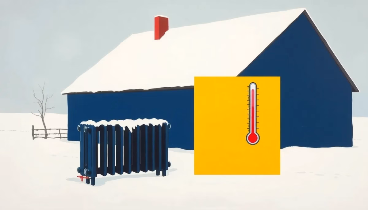 Suprematist abstract painting in the style of Kazimir Malevich: a snow-covered rural farmhouse with a broken heating radiator and a thermometer dropping, minimalist composition of bold navy blue and vibrant yellow geometric shapes on a stark white background, flat textures, sharp edges, avant-garde electrical concept, no humans, no text, no overlay.