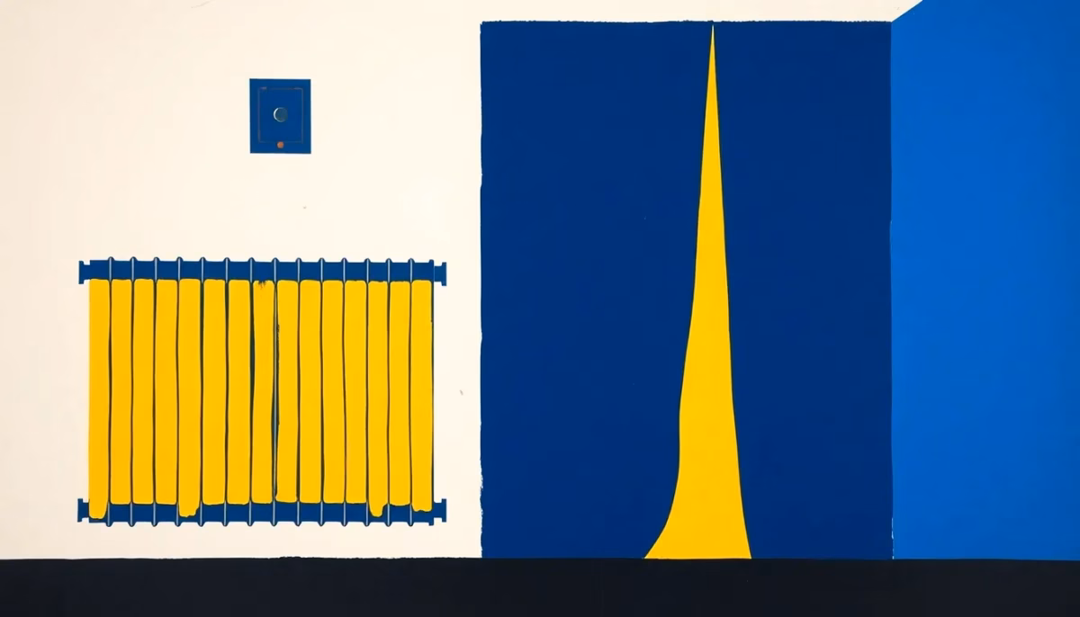 Suprematist abstract painting by Kazimir Malevich featuring a stylized cast-iron radiator, a wall-mounted boiler and a rising column of warm air. Minimalist composition of bold navy blue and vibrant yellow geometric shapes on a stark white background. Flat textures, sharp edges, avant-garde heating and electrical concept. No humans, no text.