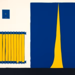 Suprematist abstract painting by Kazimir Malevich featuring a stylized cast-iron radiator, a wall-mounted boiler and a rising column of warm air. Minimalist composition of bold navy blue and vibrant yellow geometric shapes on a stark white background. Flat textures, sharp edges, avant-garde heating and electrical concept. No humans, no text.
