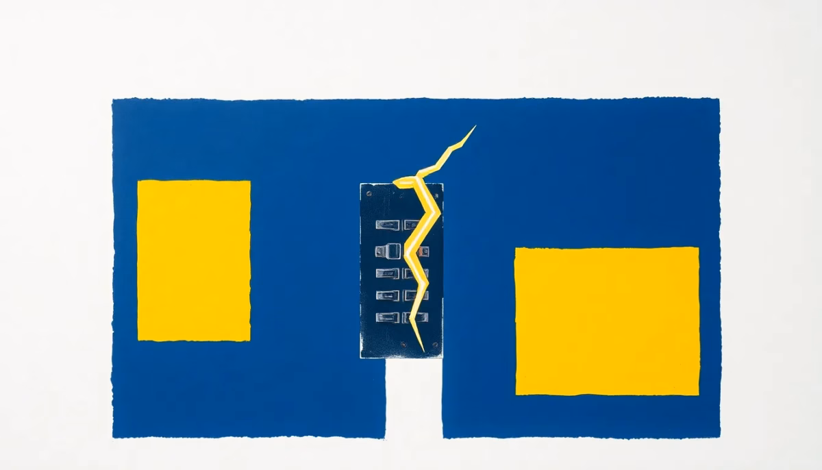 Suprematist abstract painting by Kazimir Malevich featuring a residential circuit breaker panel struck by a lightning bolt after a storm. Minimalist composition of bold navy blue and vibrant yellow geometric shapes on a stark white background. Flat textures, sharp edges, avant-garde electrical concept. No humans, no text.