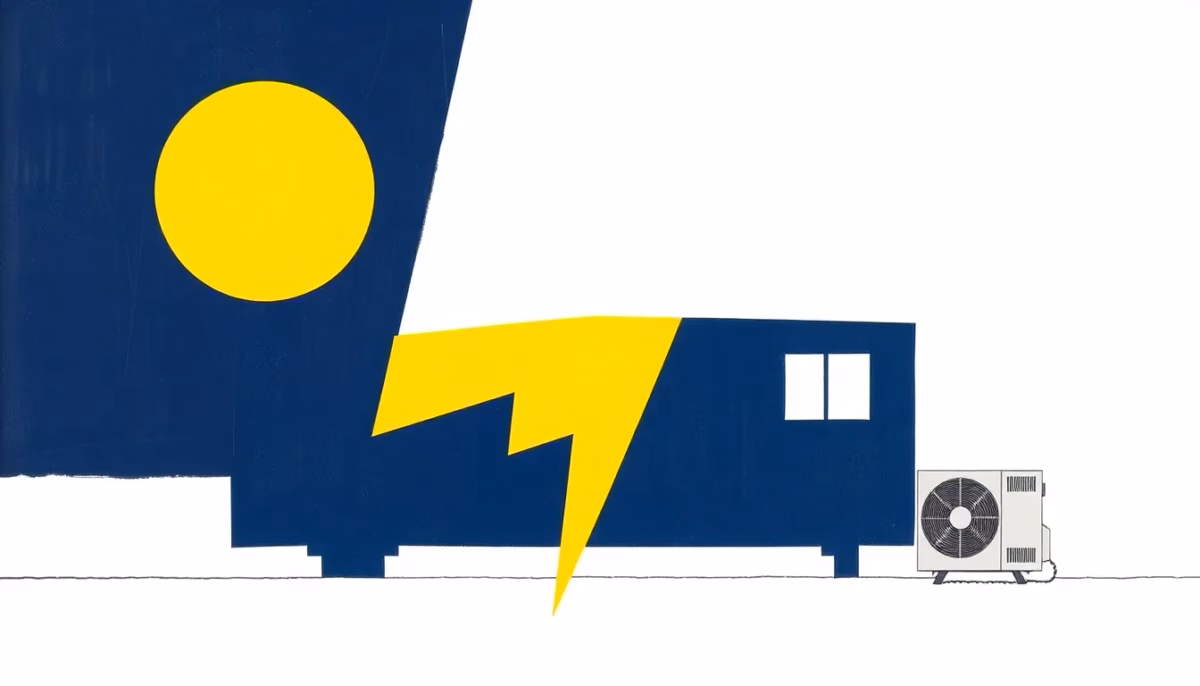 Suprematist abstract painting by Kazimir Malevich featuring a mobile home silhouette split by a lightning bolt beside a heat pump unit. Minimalist composition of bold navy blue and vibrant yellow geometric shapes on a stark white background. Flat textures, sharp edges, avant-garde electrical concept. No humans, no text.