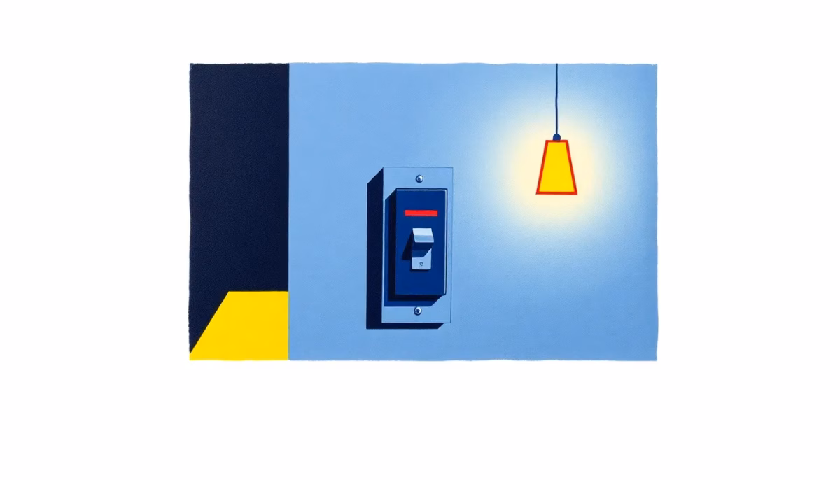 Suprematist abstract painting in the style of Kazimir Malevich featuring a minimalist electrical distribution board with one single tripped circuit breaker switch, flanked by a dark rectangular room silhouette and one glowing geometric lamp shape. Minimalist composition of bold navy blue and vibrant yellow geometric shapes on a stark white background. Flat textures, sharp edges, avant-garde electrical concept. No humans, no text, no letters, no numbers, no watermark.