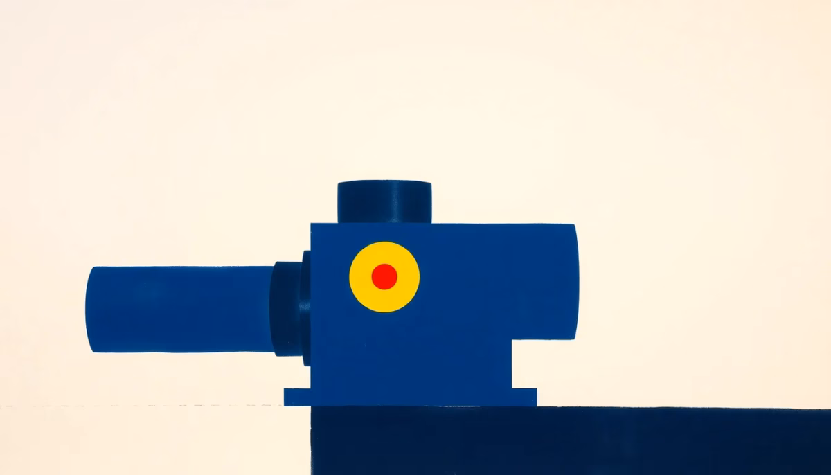 Suprematist abstract painting in the style of Kazimir Malevich, featuring a stylized swimming pool pump with a circular impeller and capacitor discs, minimalist composition of bold navy blue and vibrant yellow geometric shapes on a stark white background, flat textures, sharp edges, avant-garde electrical concept, clean vector-like forms, no humans, no text, no words, no letters, no numbers, no logos, no watermark, no overlay.