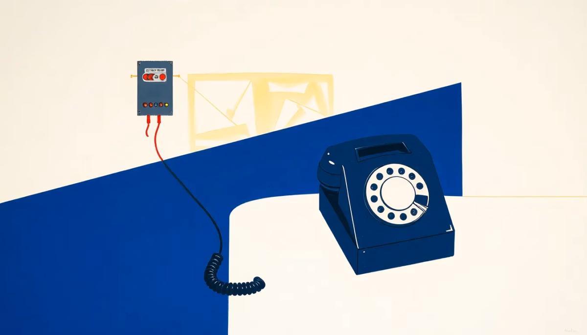 A Suprematist abstract painting in the style of Kazimir Malevich showing a broken rotary telephone handset connected to a residential electrical distribution board by a single thin copper line. Minimalist composition with bold navy blue and vibrant yellow geometric shapes on a stark white background, flat textures, sharp edges, avant-garde electrical concept, clean high-contrast design, no humans, no text, no letters, no numbers, no watermark, no logo, no text overlay.