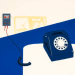 A Suprematist abstract painting in the style of Kazimir Malevich showing a broken rotary telephone handset connected to a residential electrical distribution board by a single thin copper line. Minimalist composition with bold navy blue and vibrant yellow geometric shapes on a stark white background, flat textures, sharp edges, avant-garde electrical concept, clean high-contrast design, no humans, no text, no letters, no numbers, no watermark, no logo, no text overlay.