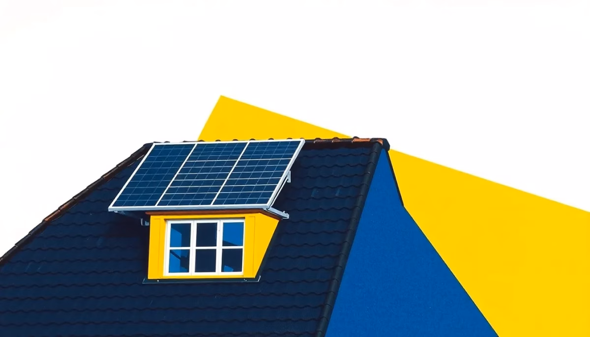 Suprematist abstract painting by Kazimir Malevich featuring an old sloped tiled rooftop of a traditional Norman house with a solar panel array being installed. Minimalist composition of bold navy blue and vibrant yellow geometric shapes on a stark white background. Flat textures, sharp edges, avant-garde electrical concept. No humans, no text, no watermark, no lettering.