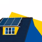 Suprematist abstract painting by Kazimir Malevich featuring an old sloped tiled rooftop of a traditional Norman house with a solar panel array being installed. Minimalist composition of bold navy blue and vibrant yellow geometric shapes on a stark white background. Flat textures, sharp edges, avant-garde electrical concept. No humans, no text, no watermark, no lettering.