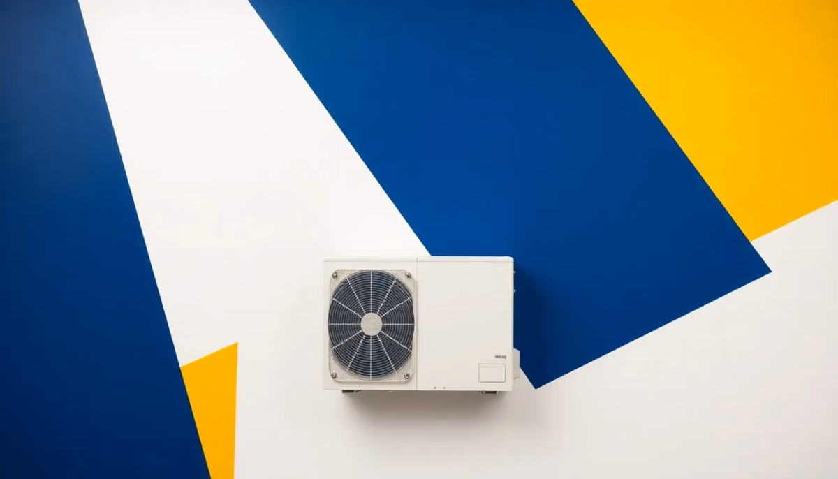 Suprematist abstract painting by Kazimir Malevich featuring a decommissioned oil boiler transforming into a sleek air-water heat pump unit with radiating warmth lines. Minimalist composition of bold navy blue and vibrant yellow geometric shapes on a stark white background. Flat textures, sharp edges, avant-garde electrical concept. No humans, no text, no lettering, no overlay.