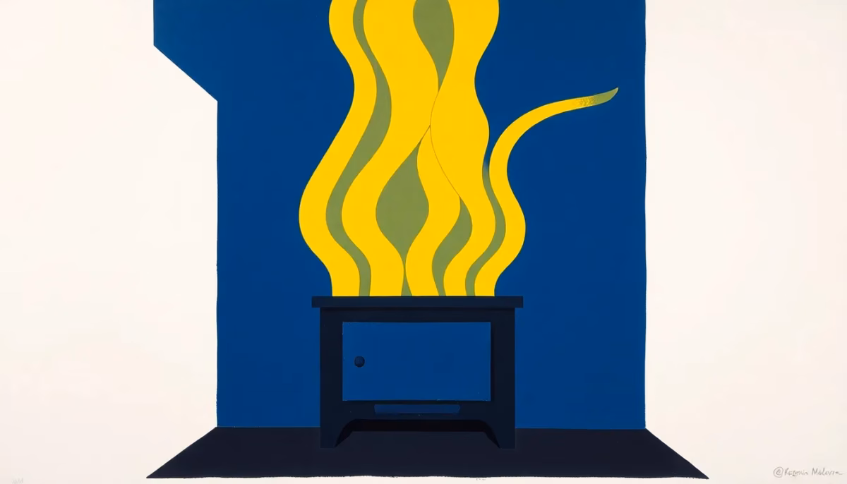Suprematist abstract painting by Kazimir Malevich featuring a cast-iron wood stove with rising geometric heat waves and ventilation duct shapes. Minimalist composition of bold navy blue and vibrant yellow geometric shapes on a stark white background. Flat textures, sharp edges, avant-garde electrical concept. No humans, no text.