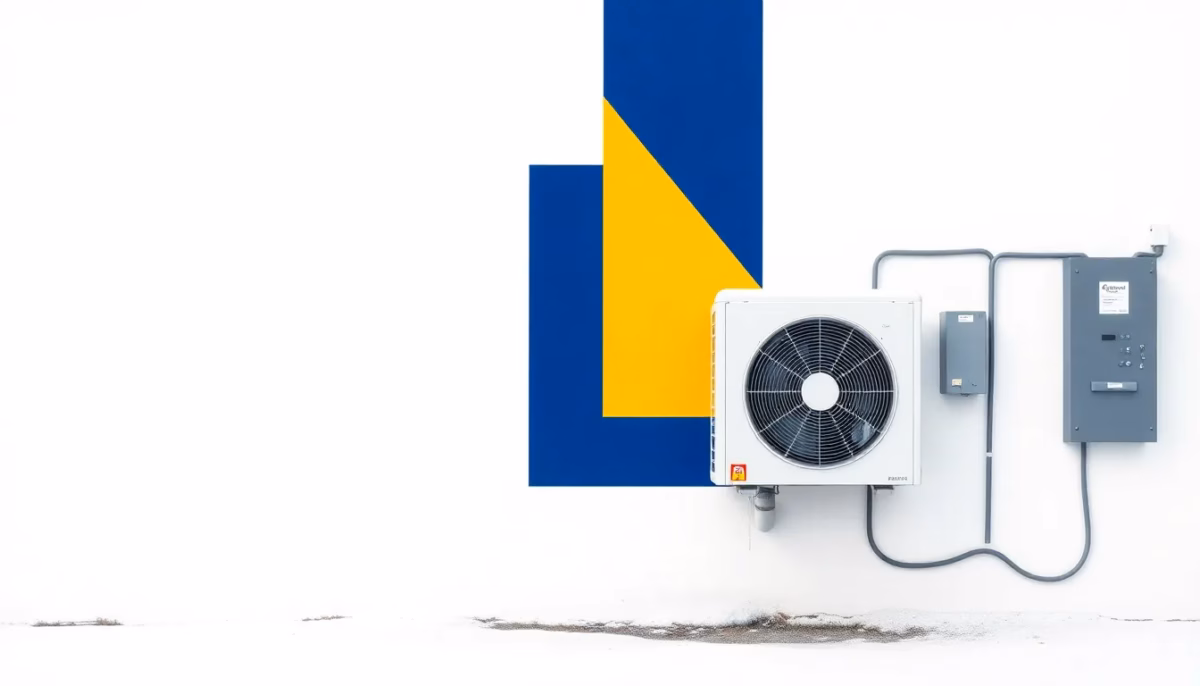 Suprematist abstract painting by Kazimir Malevich featuring a heat pump outdoor unit covered in winter frost connected to an electrical breaker panel. Minimalist composition of bold navy blue and vibrant yellow geometric shapes on a stark white background. Flat textures, sharp edges, avant-garde electrical concept. No humans, no text.
