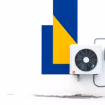 Suprematist abstract painting by Kazimir Malevich featuring a heat pump outdoor unit covered in winter frost connected to an electrical breaker panel. Minimalist composition of bold navy blue and vibrant yellow geometric shapes on a stark white background. Flat textures, sharp edges, avant-garde electrical concept. No humans, no text.