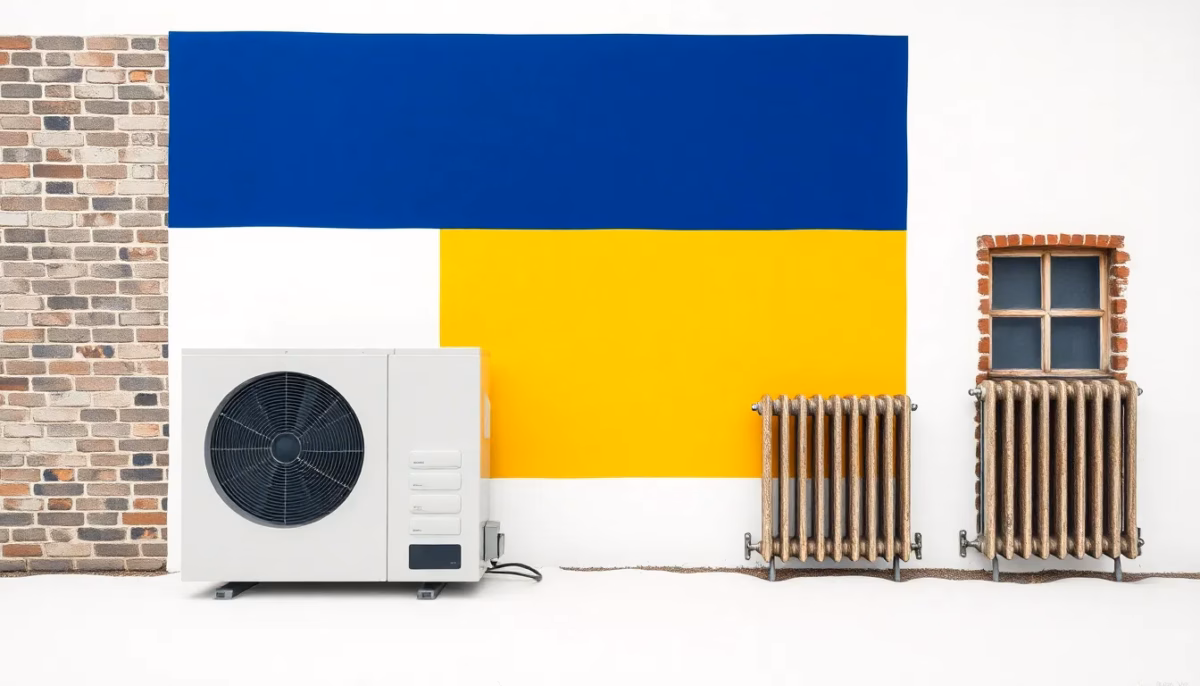 Suprematist abstract painting in the style of Kazimir Malevich showing the outdoor unit of an air-to-water heat pump standing beside an old brick farmhouse with a cast-iron radiator. Minimalist composition of bold navy blue and vibrant yellow geometric shapes on a stark white background. Flat textures, sharp edges, avant-garde electrical concept. No humans, no text, no lettering, no watermark.