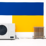 Suprematist abstract painting in the style of Kazimir Malevich showing the outdoor unit of an air-to-water heat pump standing beside an old brick farmhouse with a cast-iron radiator. Minimalist composition of bold navy blue and vibrant yellow geometric shapes on a stark white background. Flat textures, sharp edges, avant-garde electrical concept. No humans, no text, no lettering, no watermark.