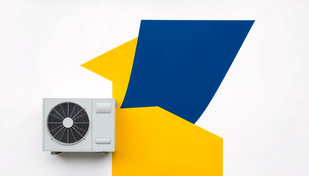 Suprematist abstract painting by Kazimir Malevich featuring a heat pump outdoor unit emitting geometric sound waves. Minimalist composition of bold navy blue and vibrant yellow geometric shapes on a stark white background. Flat textures, sharp edges, avant-garde electrical concept. No humans, no text overlay.