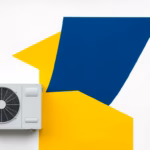 Suprematist abstract painting by Kazimir Malevich featuring a heat pump outdoor unit emitting geometric sound waves. Minimalist composition of bold navy blue and vibrant yellow geometric shapes on a stark white background. Flat textures, sharp edges, avant-garde electrical concept. No humans, no text overlay.