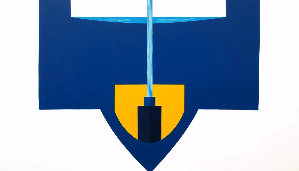 Suprematist abstract painting in the style of Kazimir Malevich depicting a submerged borehole pump and a rising water column inside a vertical well shaft. Minimalist composition of bold navy blue and vibrant yellow geometric shapes on a stark white background. Flat textures, sharp edges, avant-garde electrical concept. No humans, no text.