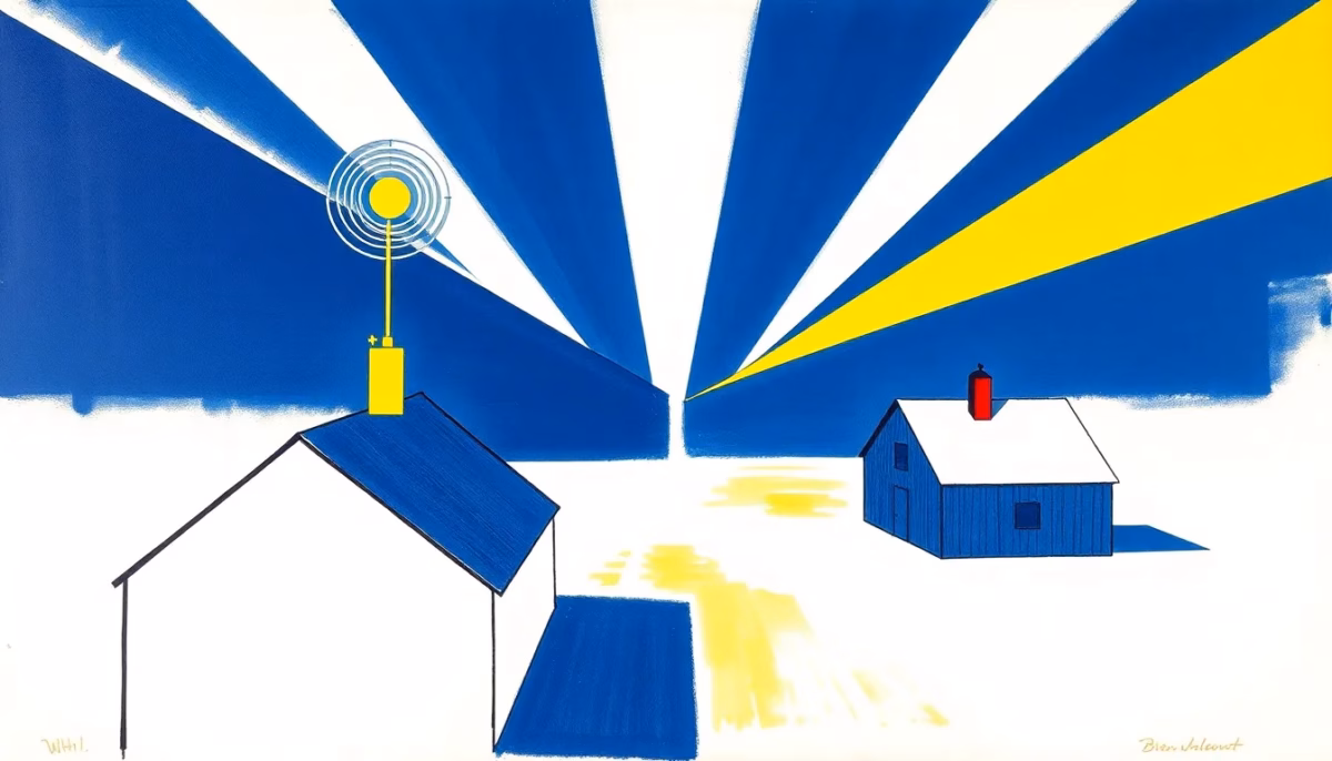 Suprematist abstract painting by Kazimir Malevich featuring two point-to-point wireless bridge antennas mounted on the rooftop of a farmhouse and on a distant barn, beaming a signal across a courtyard. Minimalist composition of bold navy blue and vibrant yellow geometric shapes on a stark white background. Flat textures, sharp edges, avant-garde electrical concept. No humans, no text, no overlay.