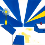 Suprematist abstract painting by Kazimir Malevich featuring two point-to-point wireless bridge antennas mounted on the rooftop of a farmhouse and on a distant barn, beaming a signal across a courtyard. Minimalist composition of bold navy blue and vibrant yellow geometric shapes on a stark white background. Flat textures, sharp edges, avant-garde electrical concept. No humans, no text, no overlay.