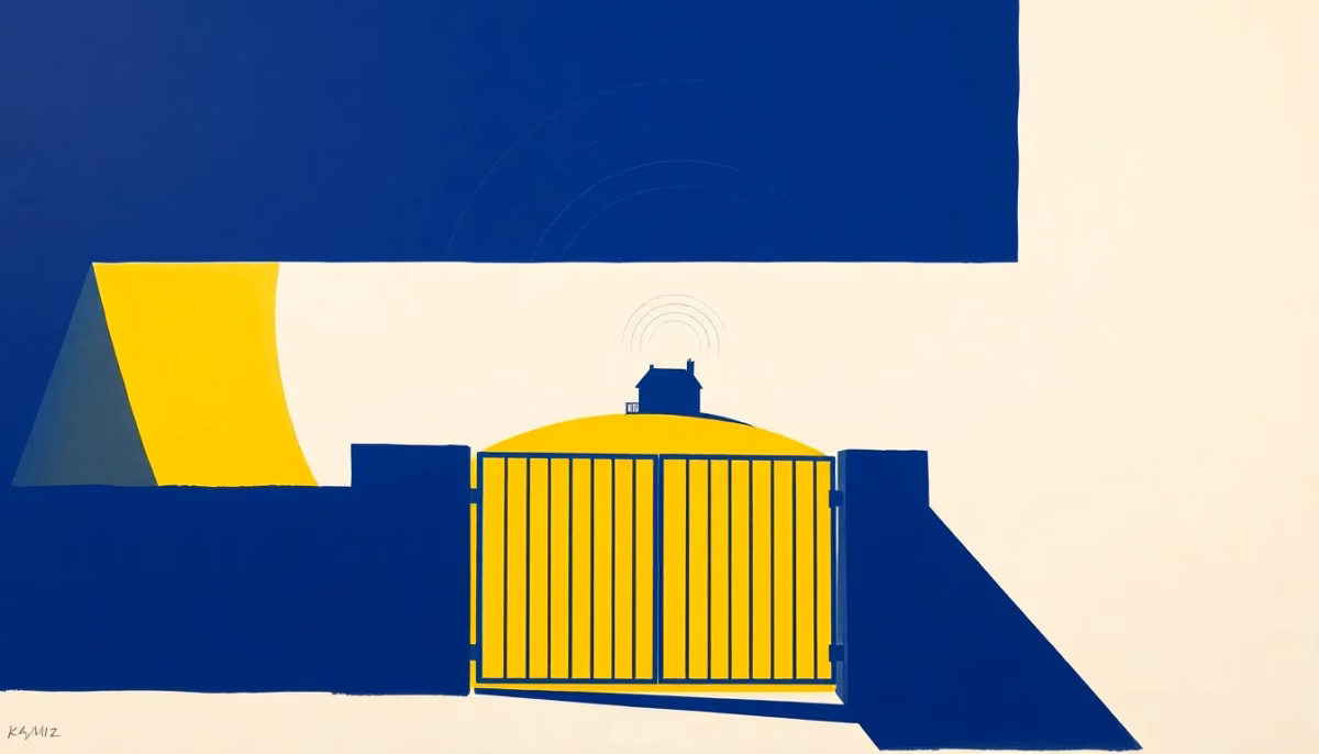 Suprematist abstract painting by Kazimir Malevich featuring a minimalist automated aluminium gate lit by a solar LED wall lamp, with concentric radio waves travelling toward a distant house silhouette on a hill. Minimalist composition of bold navy blue and vibrant yellow geometric shapes on a stark white background. Flat textures, sharp edges, avant-garde electrical concept. ##no humans##, ##no text##.