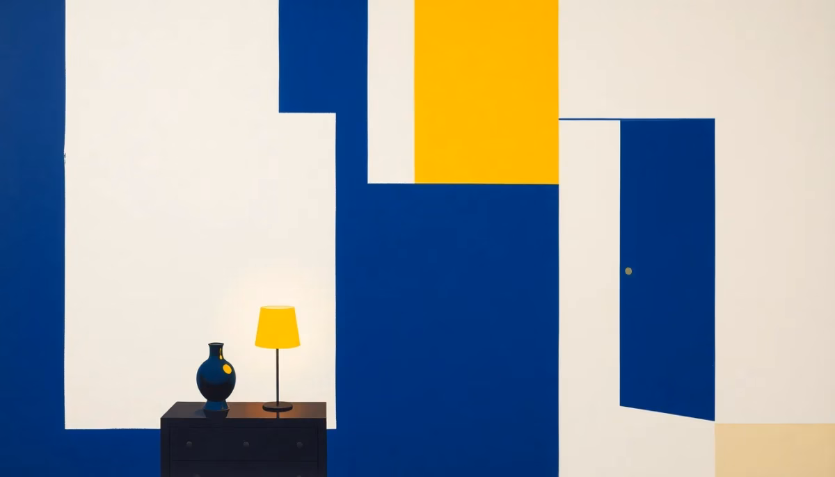 Suprematist abstract painting in the style of Kazimir Malevich: a small bedside table lamp glowing softly on a nightstand beside a geometric doorway. Minimalist composition of bold navy blue and vibrant yellow geometric shapes on a stark white background. Flat textures, sharp edges, avant-garde electrical concept, soft warm light halo around the lamp. No humans, no text, no lettering, no logo, no overlay.